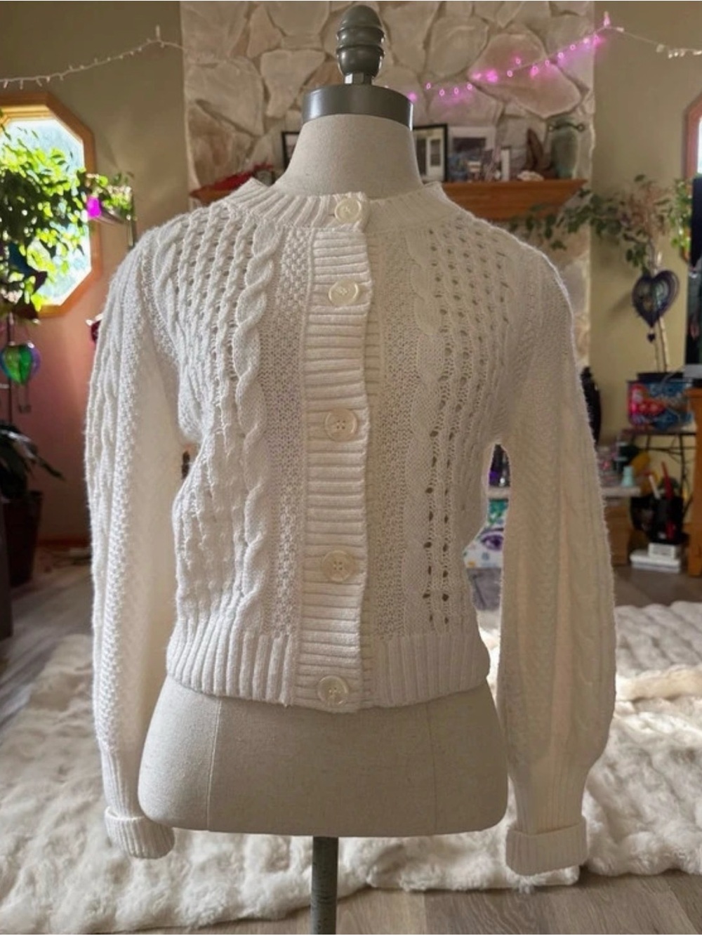 wild fable White Cream Cable Knit Button-Front Cardigan